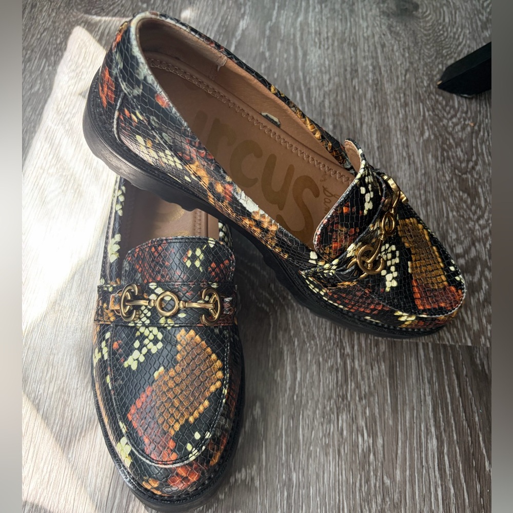 Sam Edelman Circus Women's Snake-Print Loafers with Gold Bit Black/Orange/Brown